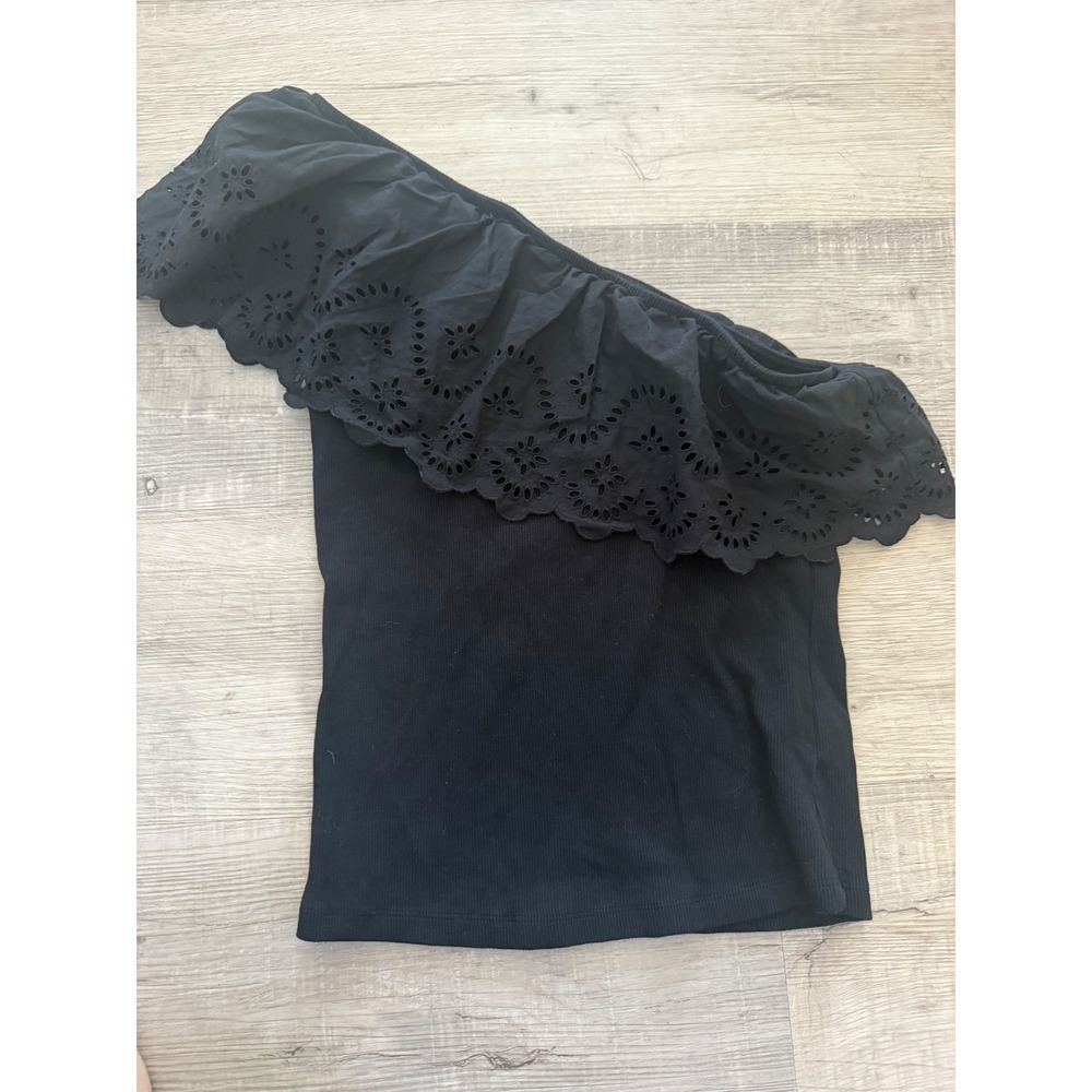 Black One-Shoulder Eyelet Ruffle Ribbed‎ Top - Size M